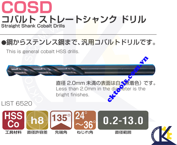 Mũi khoan Nachi COSD 13.0, Mũi khoan Nachi List 6520 13.0, Mũi khoan L6520 F13.0, Mũi khoan thép gió Nachi D13.0